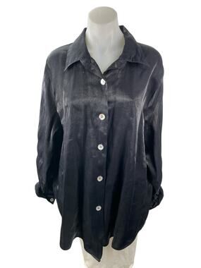 Expose Women's Black Acid Wash Satin Long Sleeve Button Down Shirt Top Size M